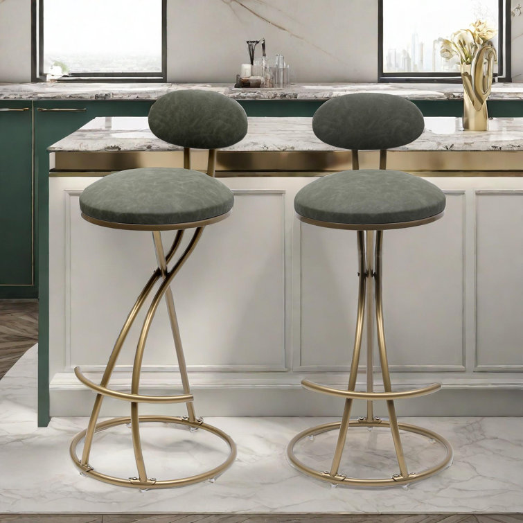 Mercer41 Round Bar Stools Set Of 2 With Pu Leather And Sshaped Golden